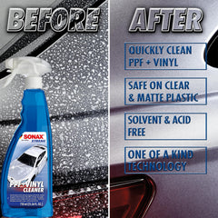 SONAX close-up of cleaner droplets on wrap surface showing gentle cleaning action