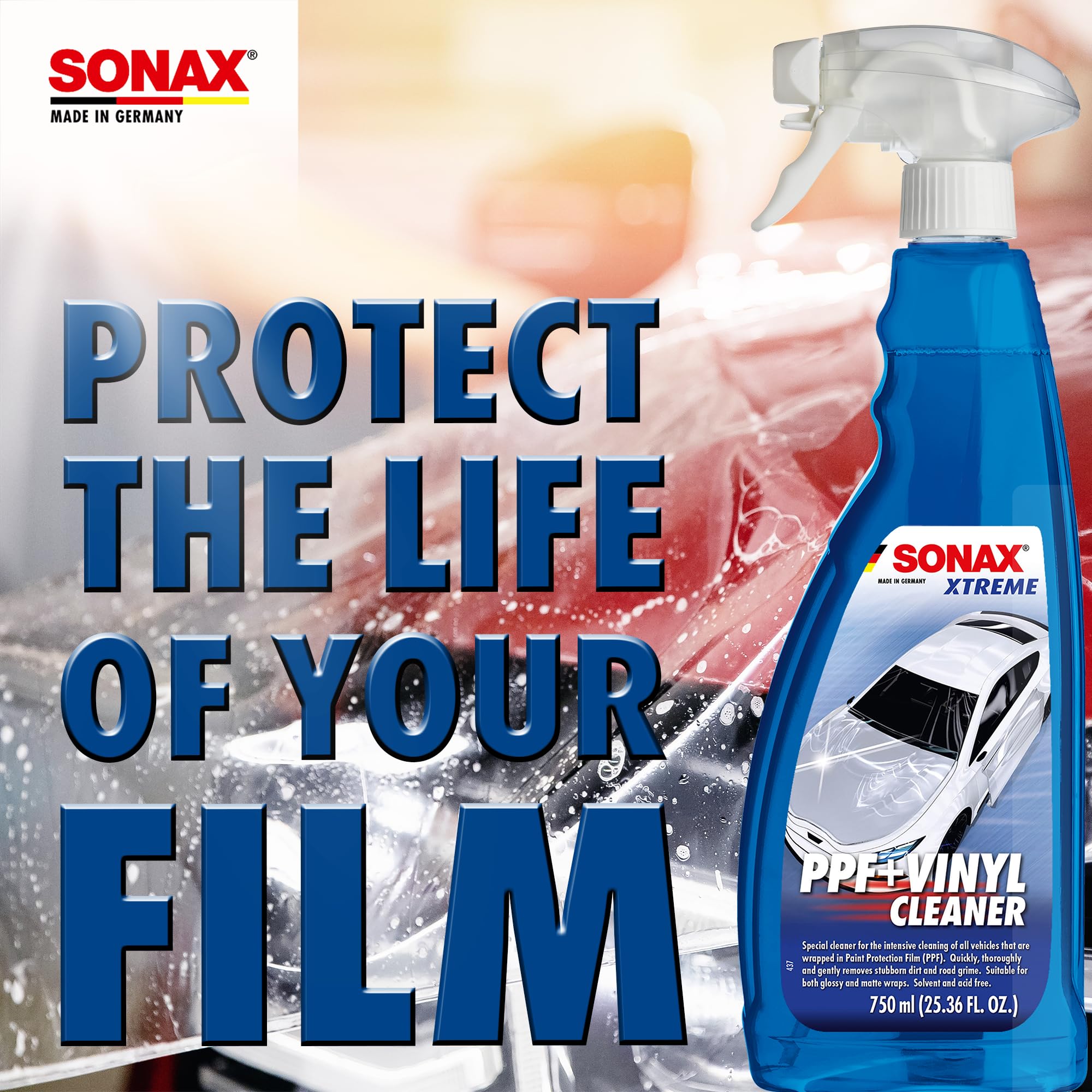 SONAX bottle next to a hand for scale showing compact DIY cleaner convenience