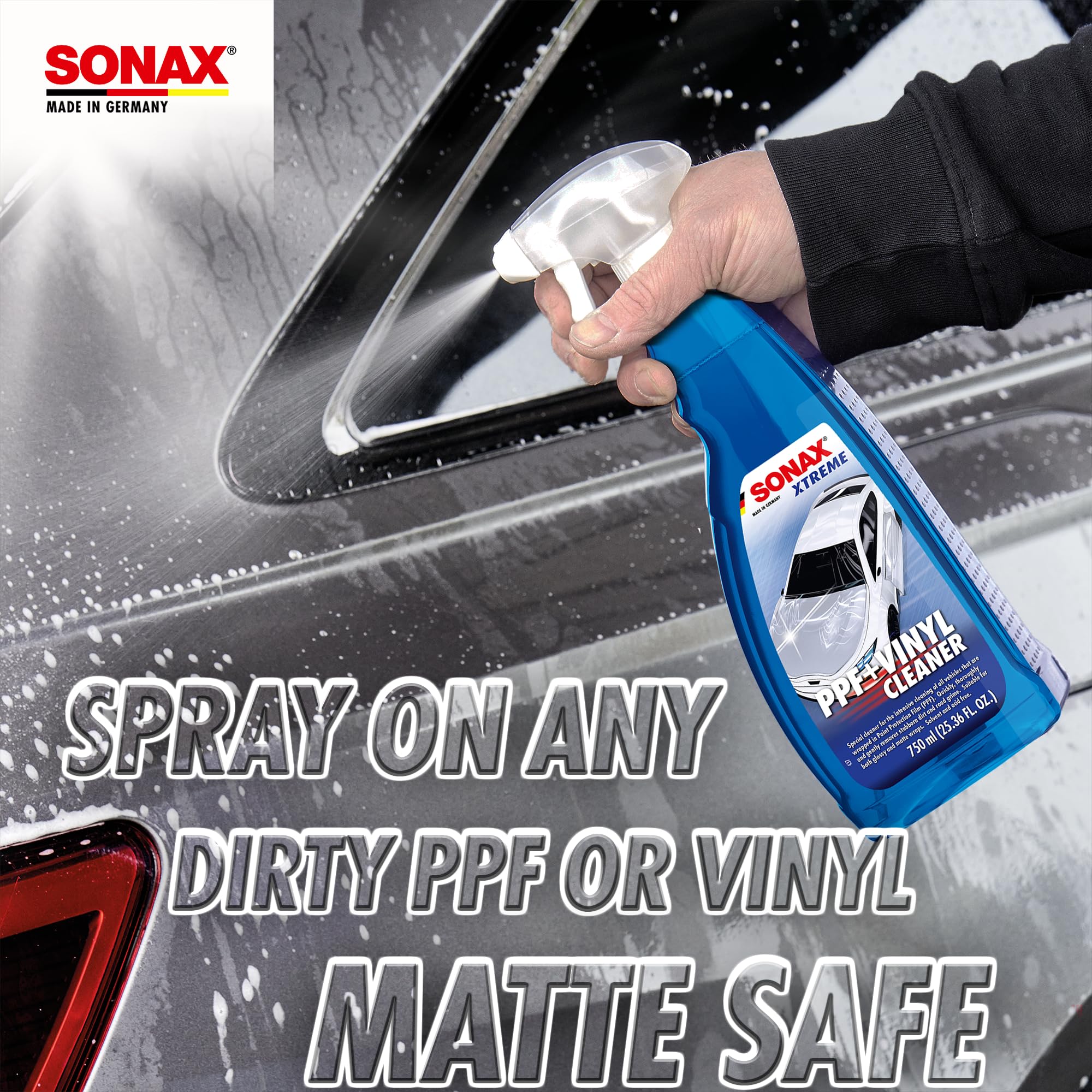 SONAX used on a wrapped car in driveway demonstrating safe maintenance without damage