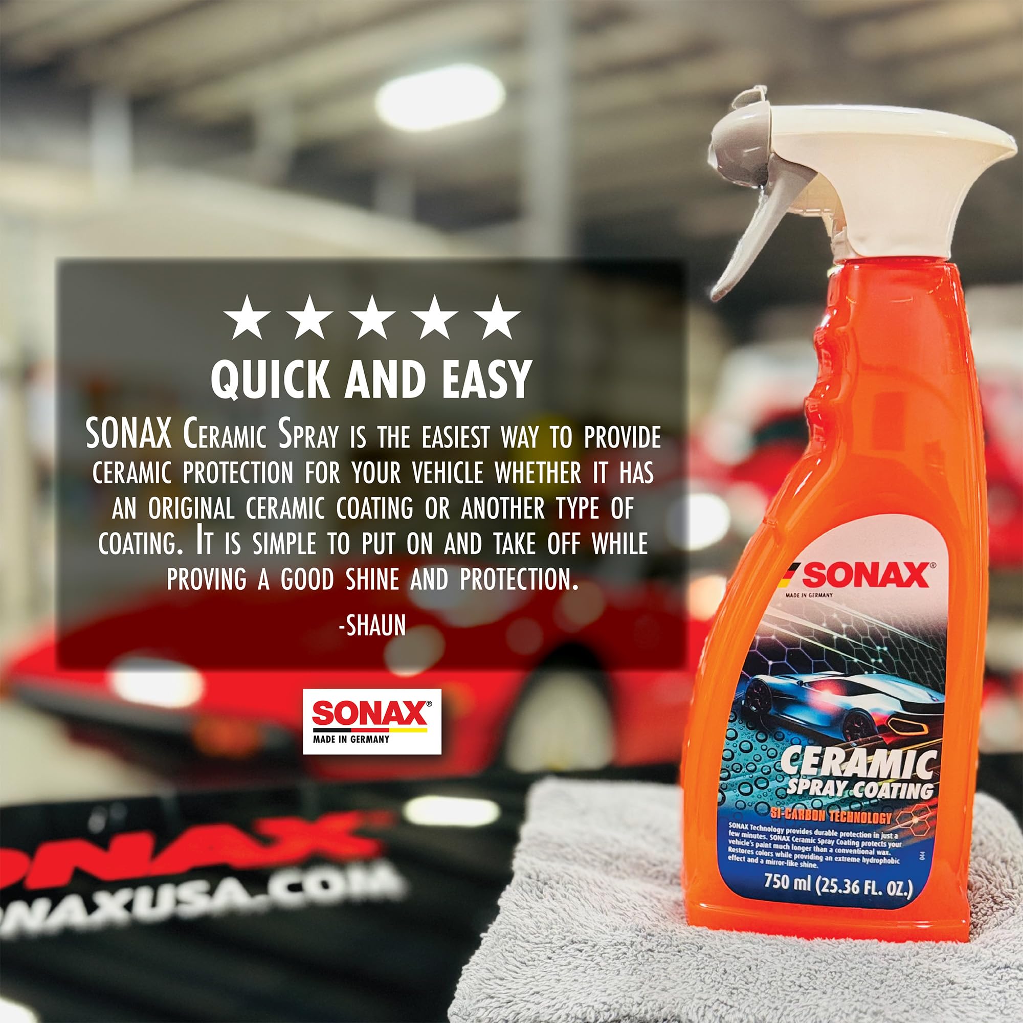 SONAX bottle next to hand showing 750ml size for multiple applications