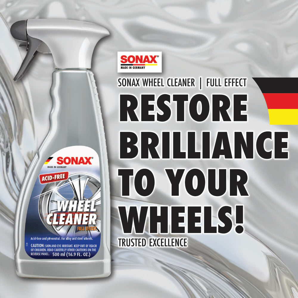 SONAX applied with detailing brush removing stubborn grime for cleaner wheels