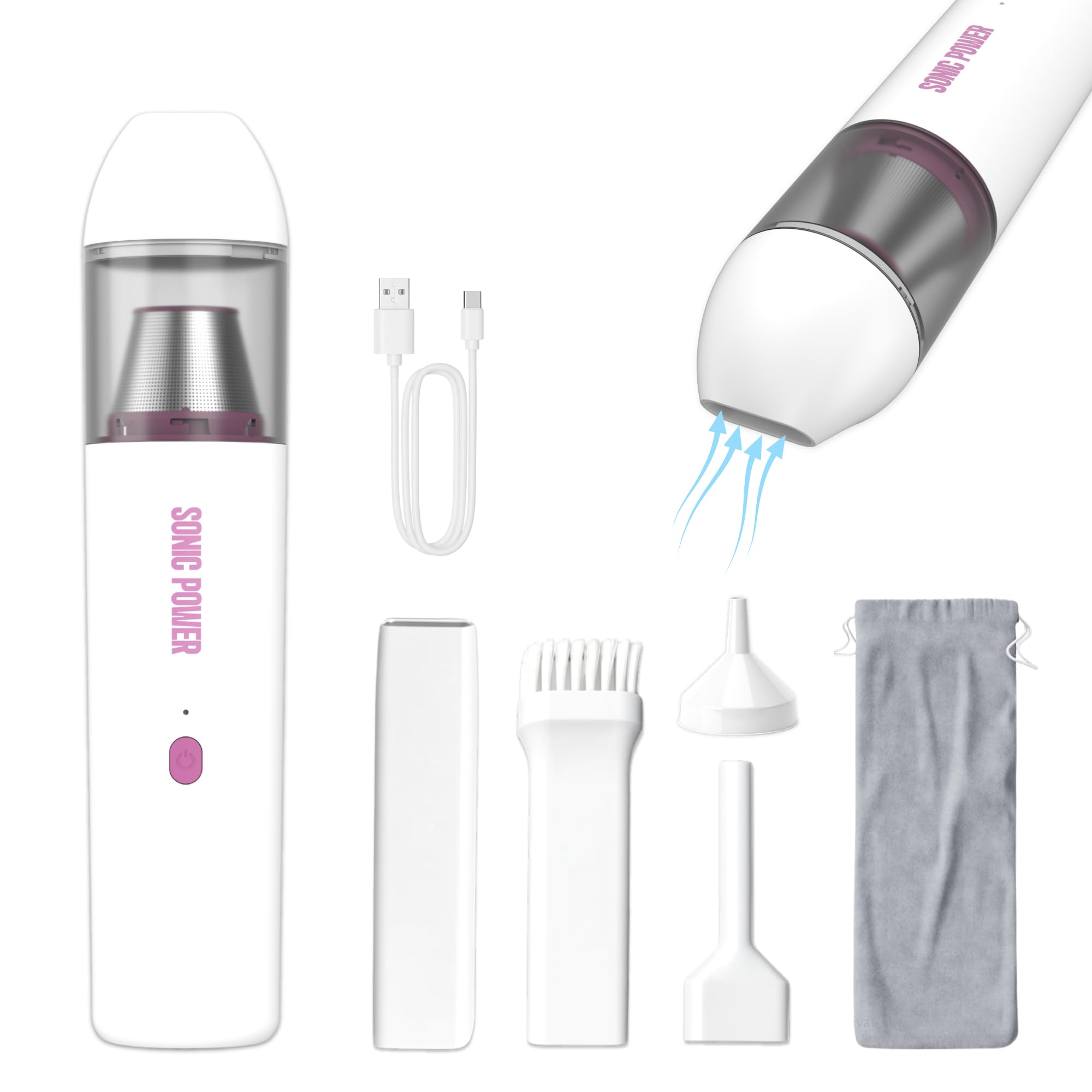 SonicPower handheld vacuum front view showing portable convenience and strong suction