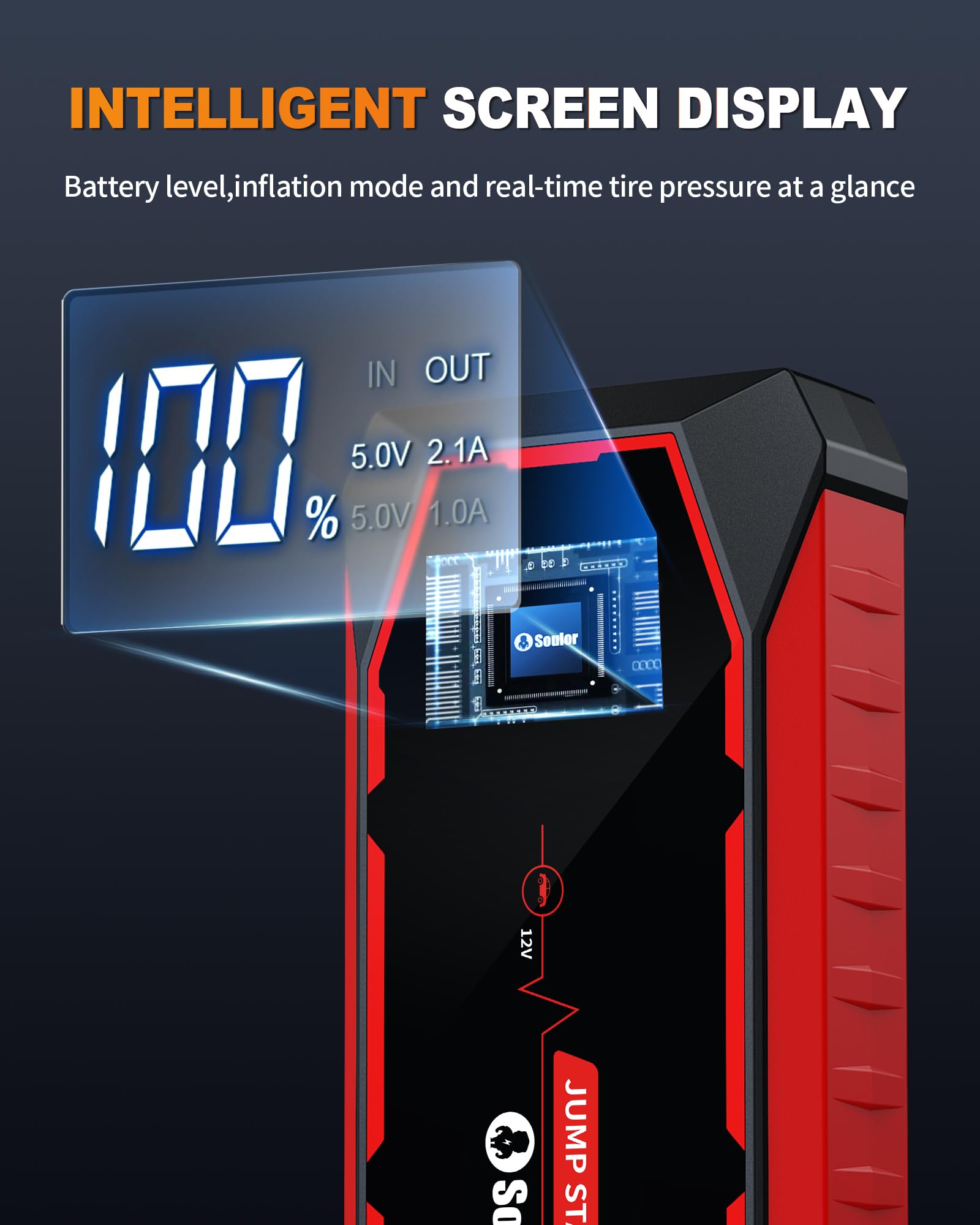 Soulor 2-inch smart screen display showing battery level for instant monitoring