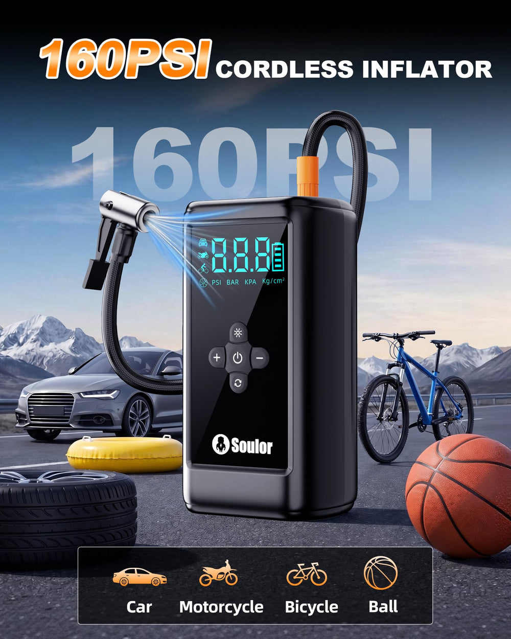 Soulor digital display inflating a car tire, showing accurate pressure readout and auto-stop