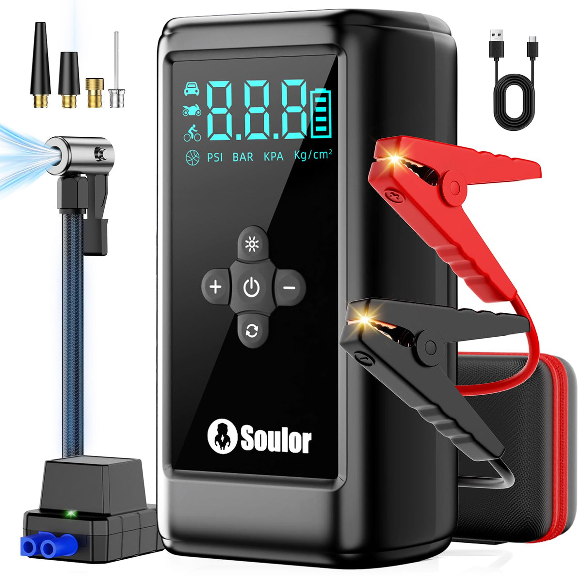Soulor 7000A front view showing compact jump starter and air compressor, clear emergency readiness