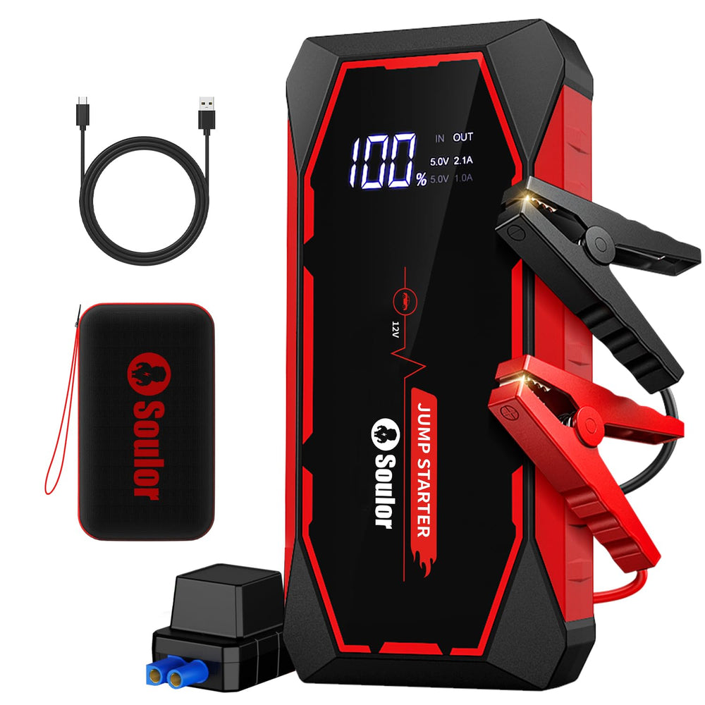 Soulor front view of jump starter showing compact design for easy storage