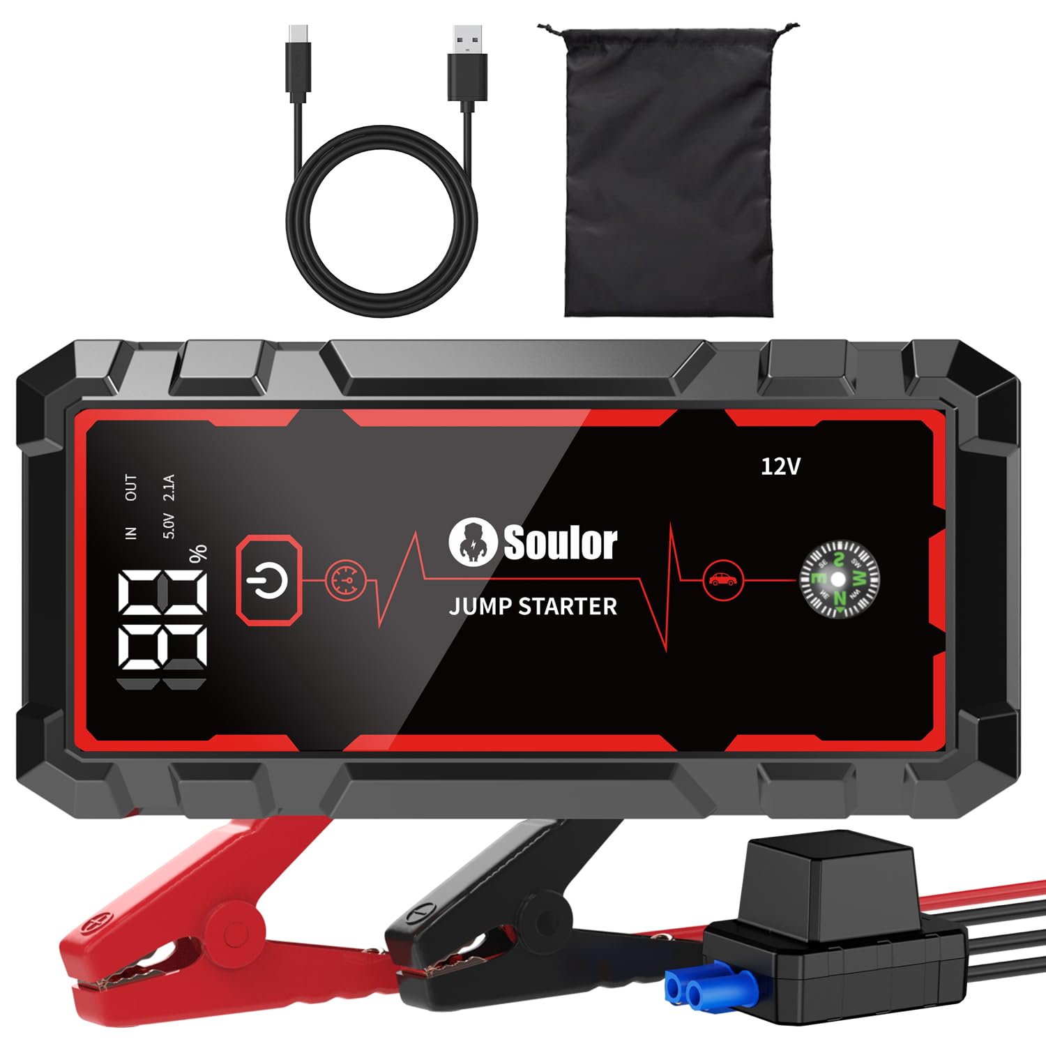 Soulor front view of jump starter showing compact design and portability benefit