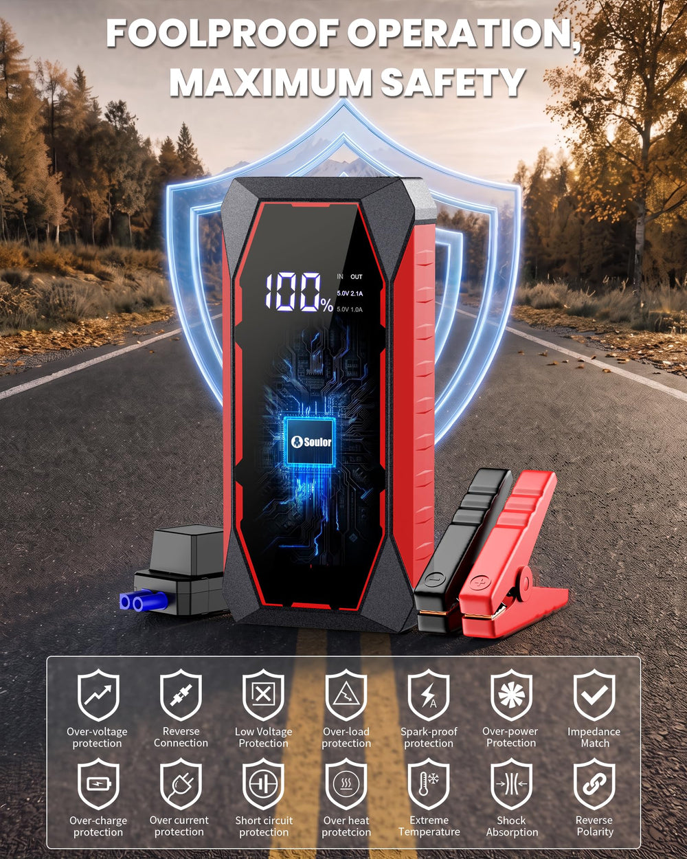 Soulor jump starter connected to car battery showing ignition assistance benefit