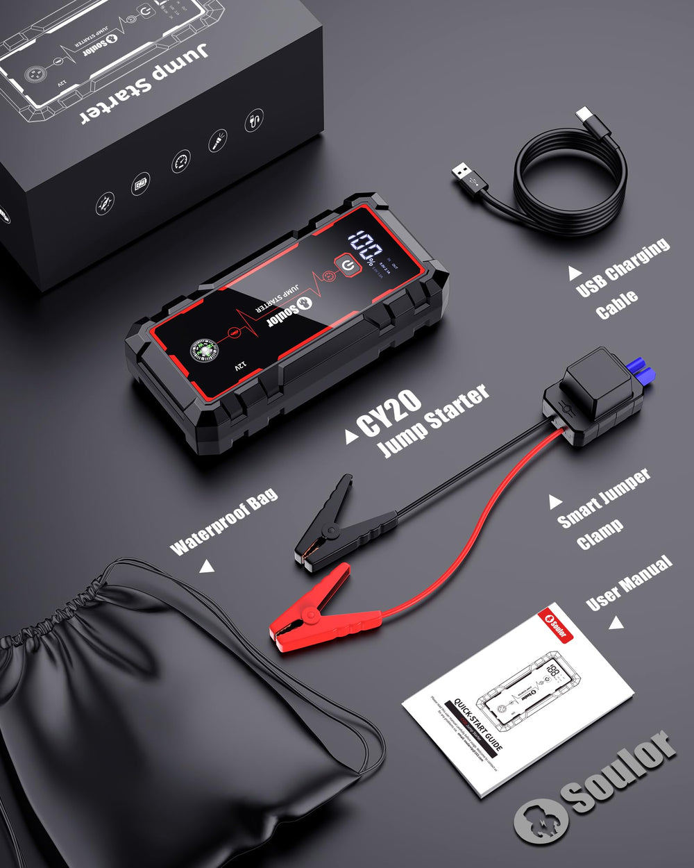 Soulor clamps attached to car battery showing safe jump-starting capability