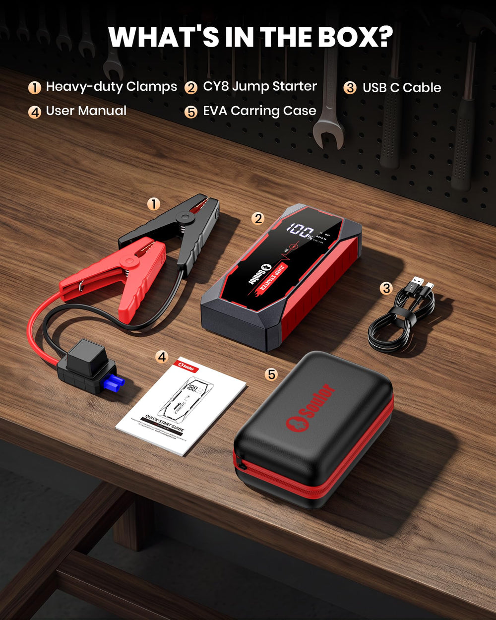 Soulor jump starter with accessories and EVA bag organized for easy transport benefit