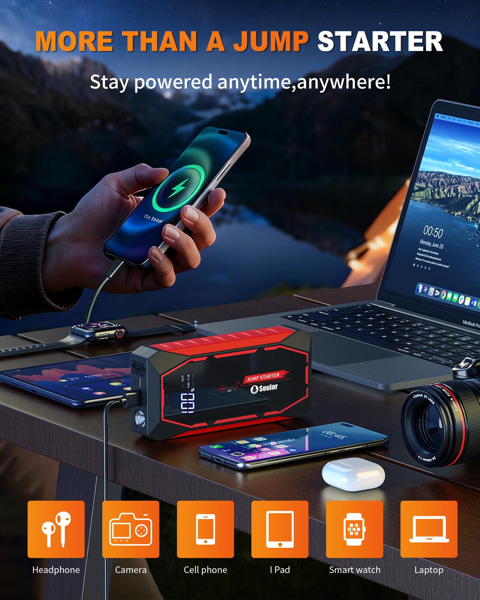 Soulor LED flashlight mode lit at night for bright roadside visibility