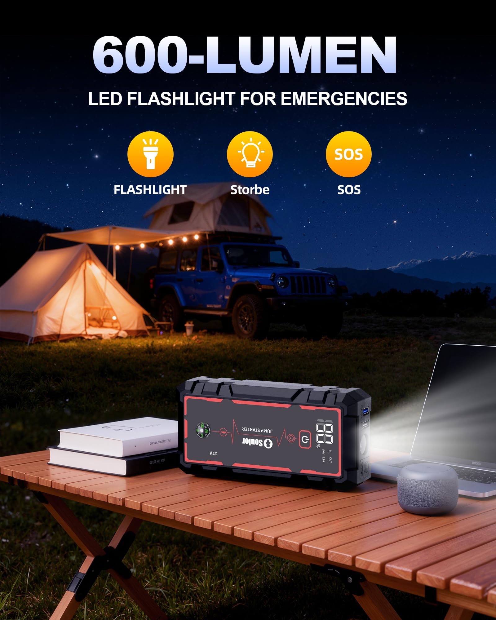 Soulor LED torch showing flashlight and SOS modes for emergency visibility