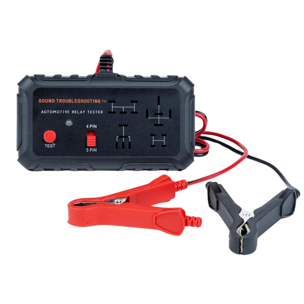 Sound Troubleshooting front view of handheld relay tester showing controls and sockets