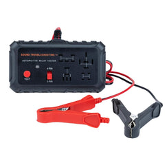 Sound Troubleshooting front view of handheld relay tester showing controls and sockets