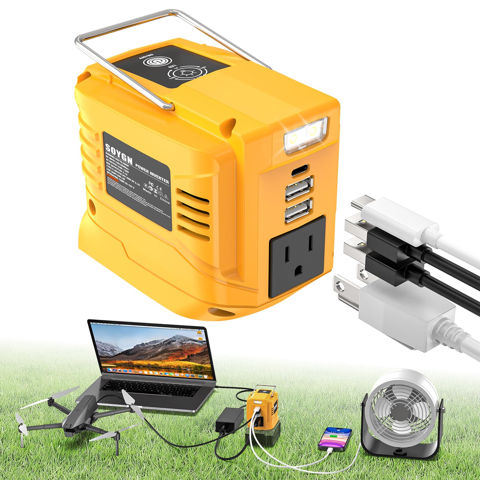 SOYGN front view of inverter showing AC outlet and ports, portable power where needed