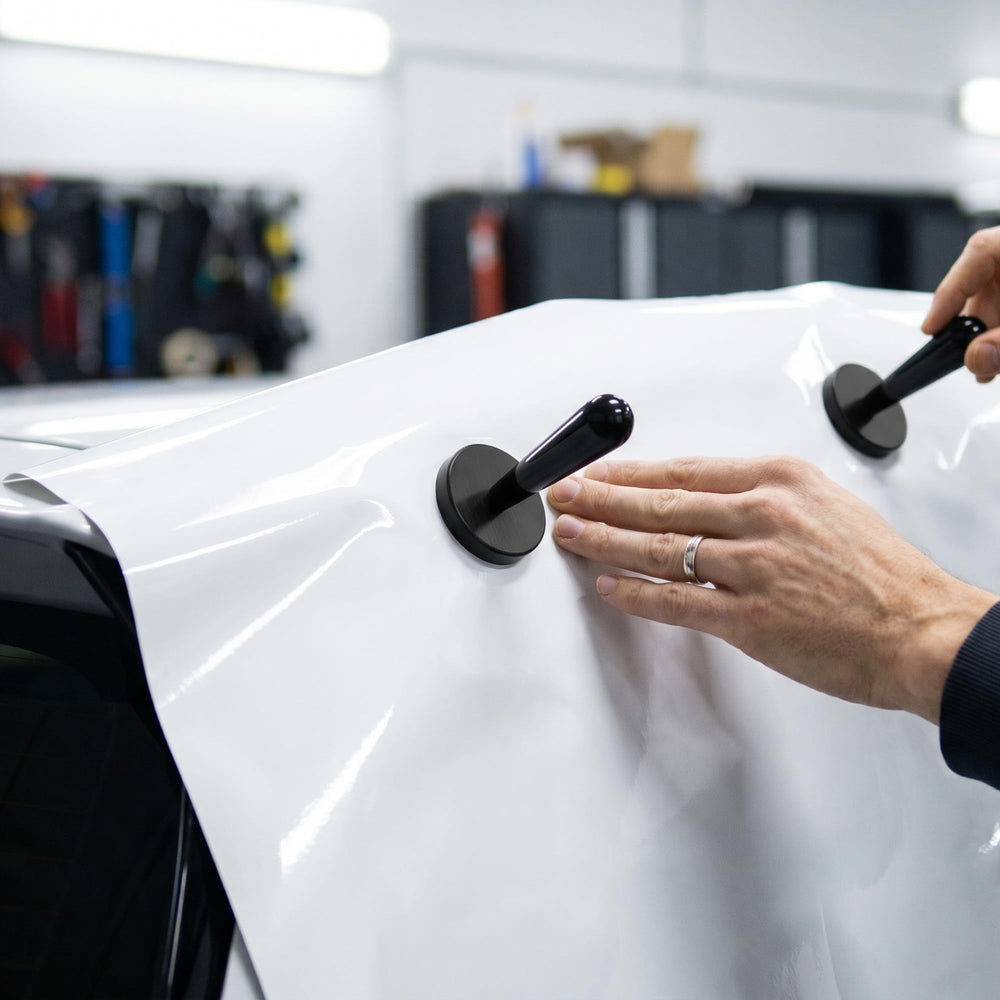 Spanno Tools heat gun on vehicle wrap softens vinyl for better contour adhesion