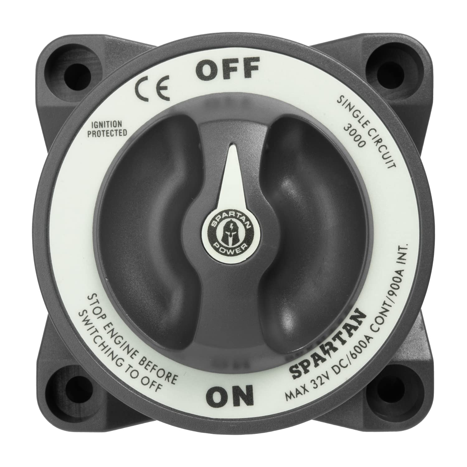 Spartan Power front panel switch showing durable housing and ergonomic knob for reliable control