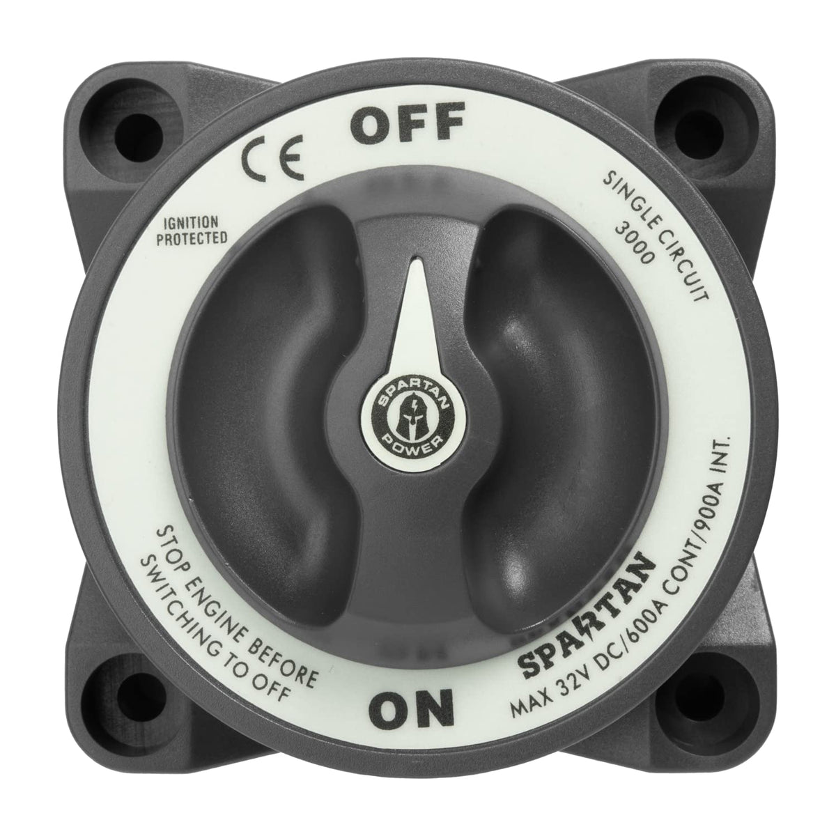 Spartan Power front panel switch showing durable housing and ergonomic knob for reliable control
