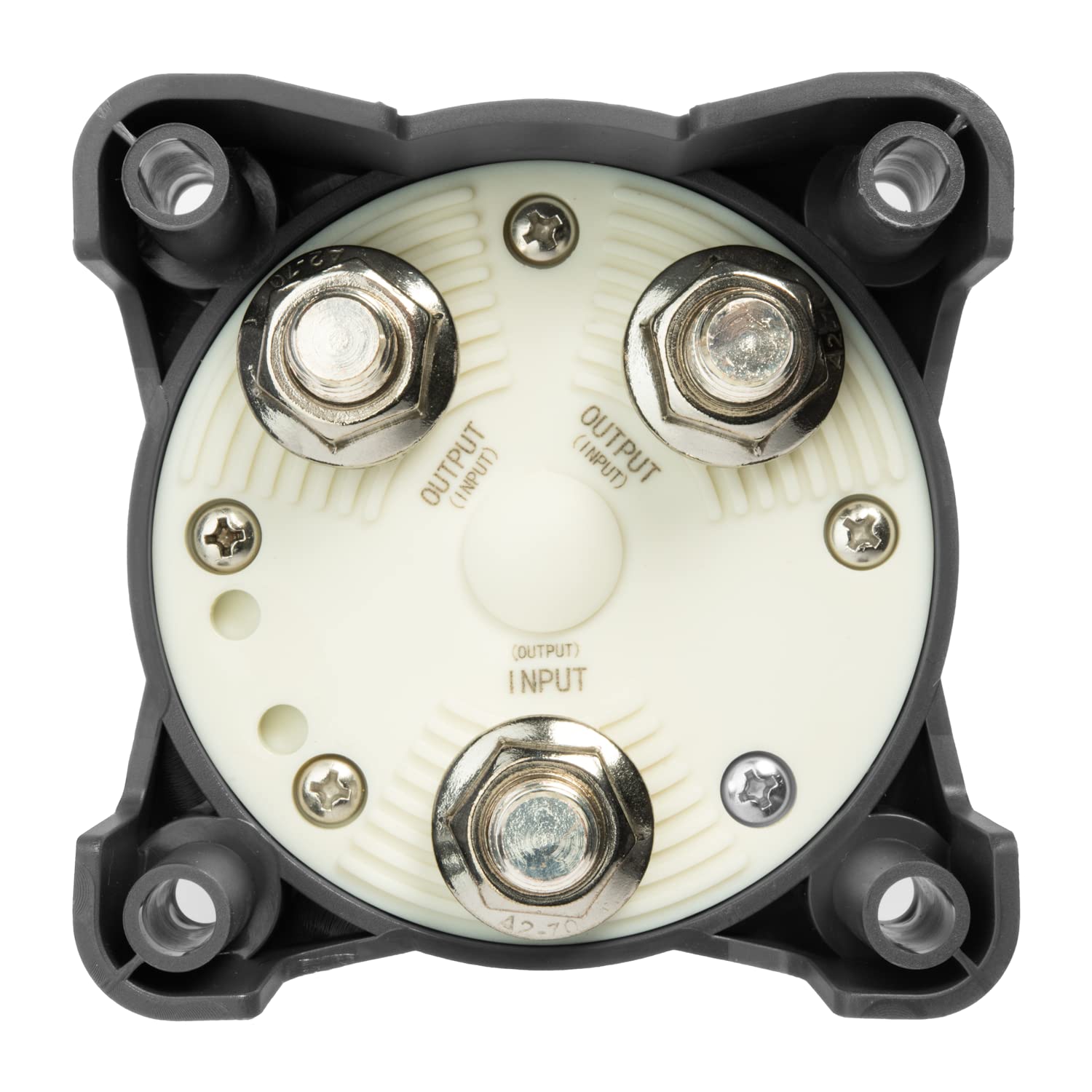 Spartan Power terminal close-up with heavy-duty posts accepting 4/0 AWG cables for low resistance