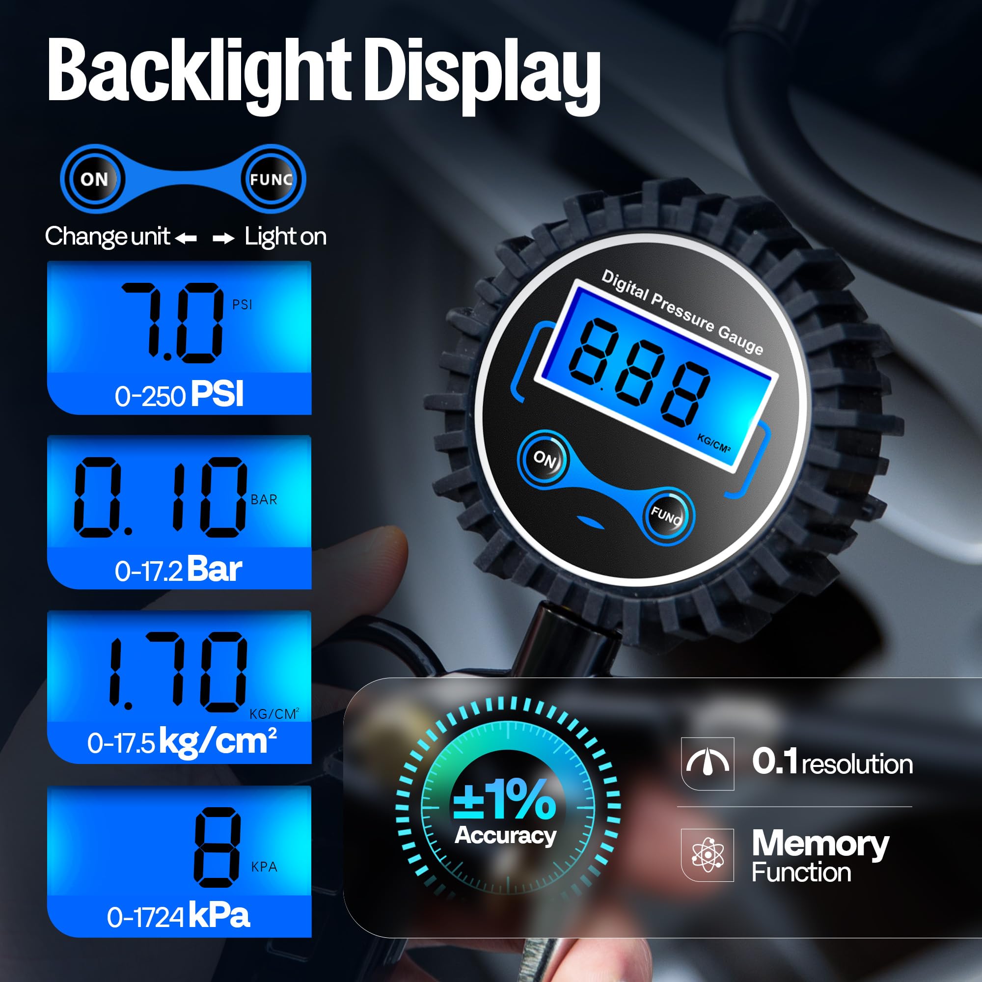 SPECSTAR backlit display illuminated at night for easy pressure reading
