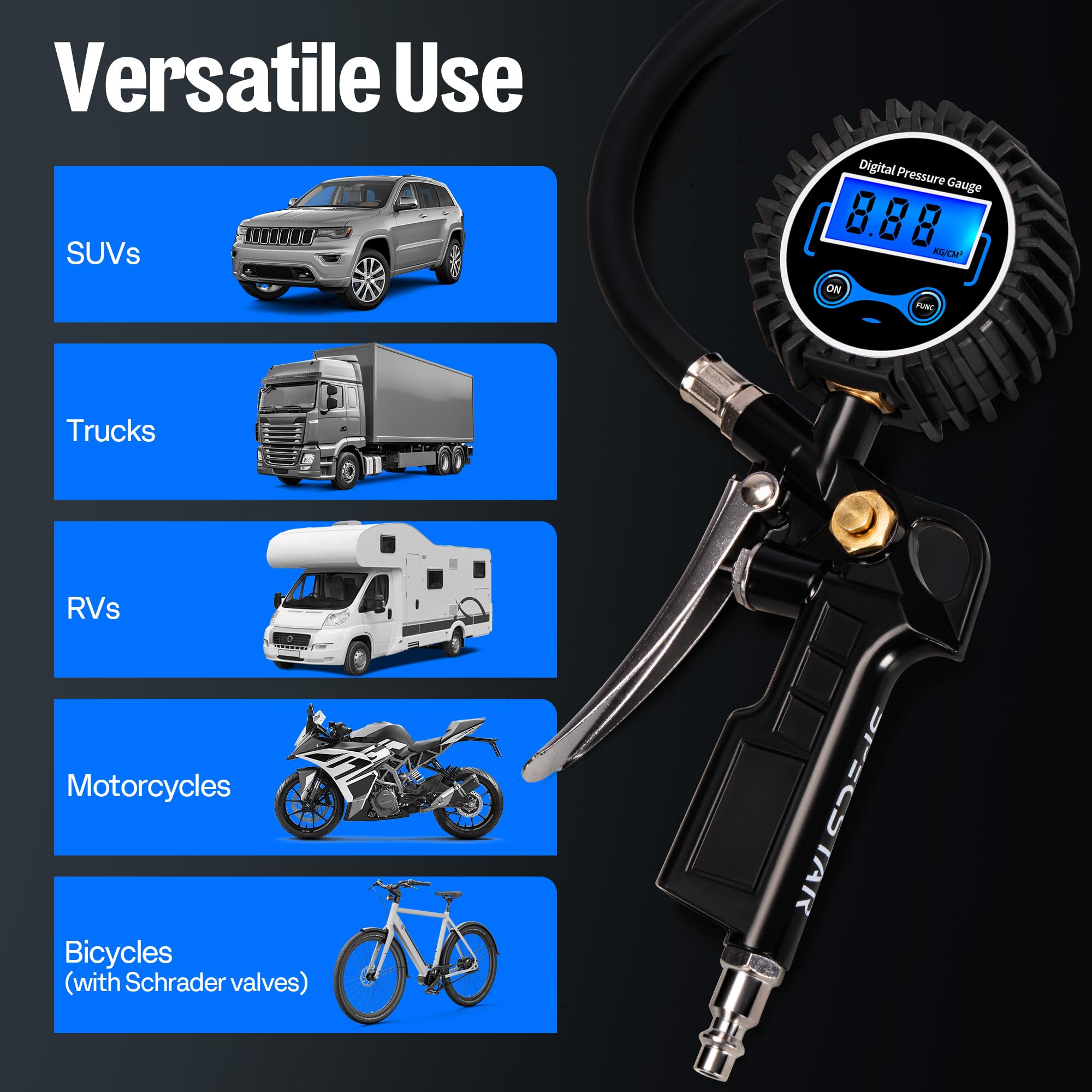 SPECSTAR inflating a car tire showing quick connection and fast inflation