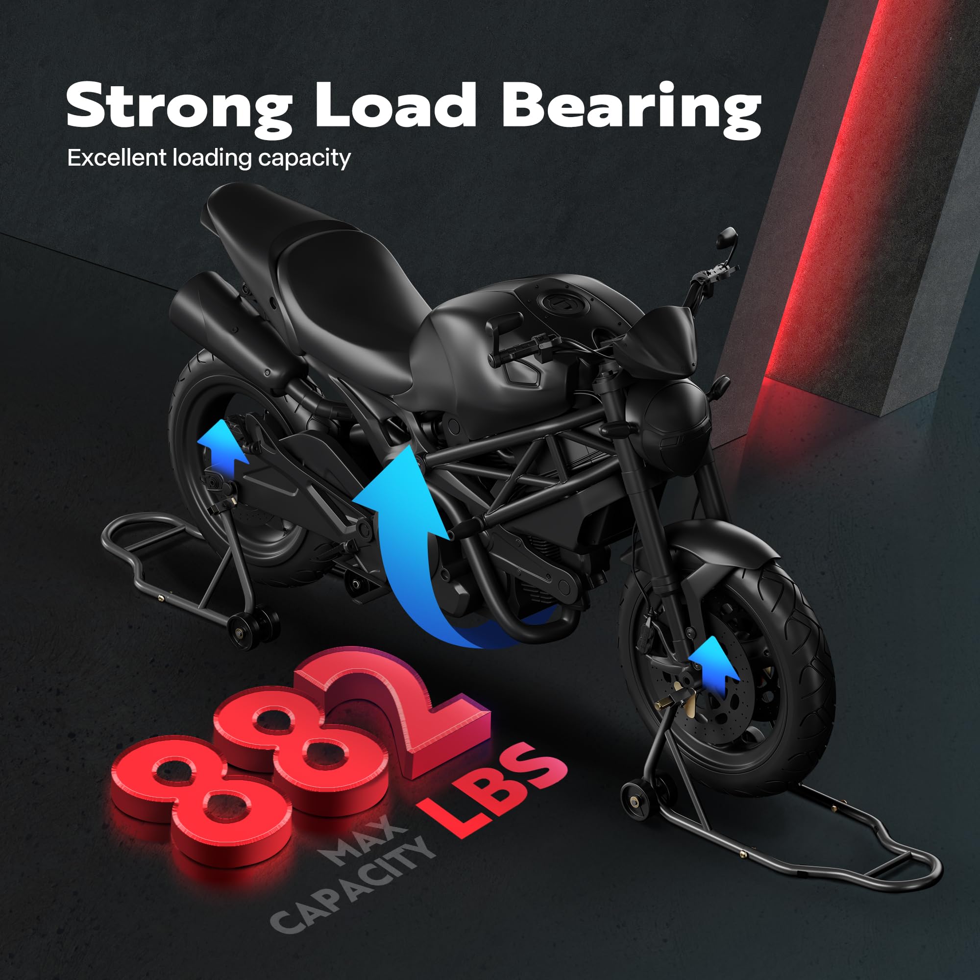 SPECSTAR stand supporting sports bike in garage showing practical workshop use