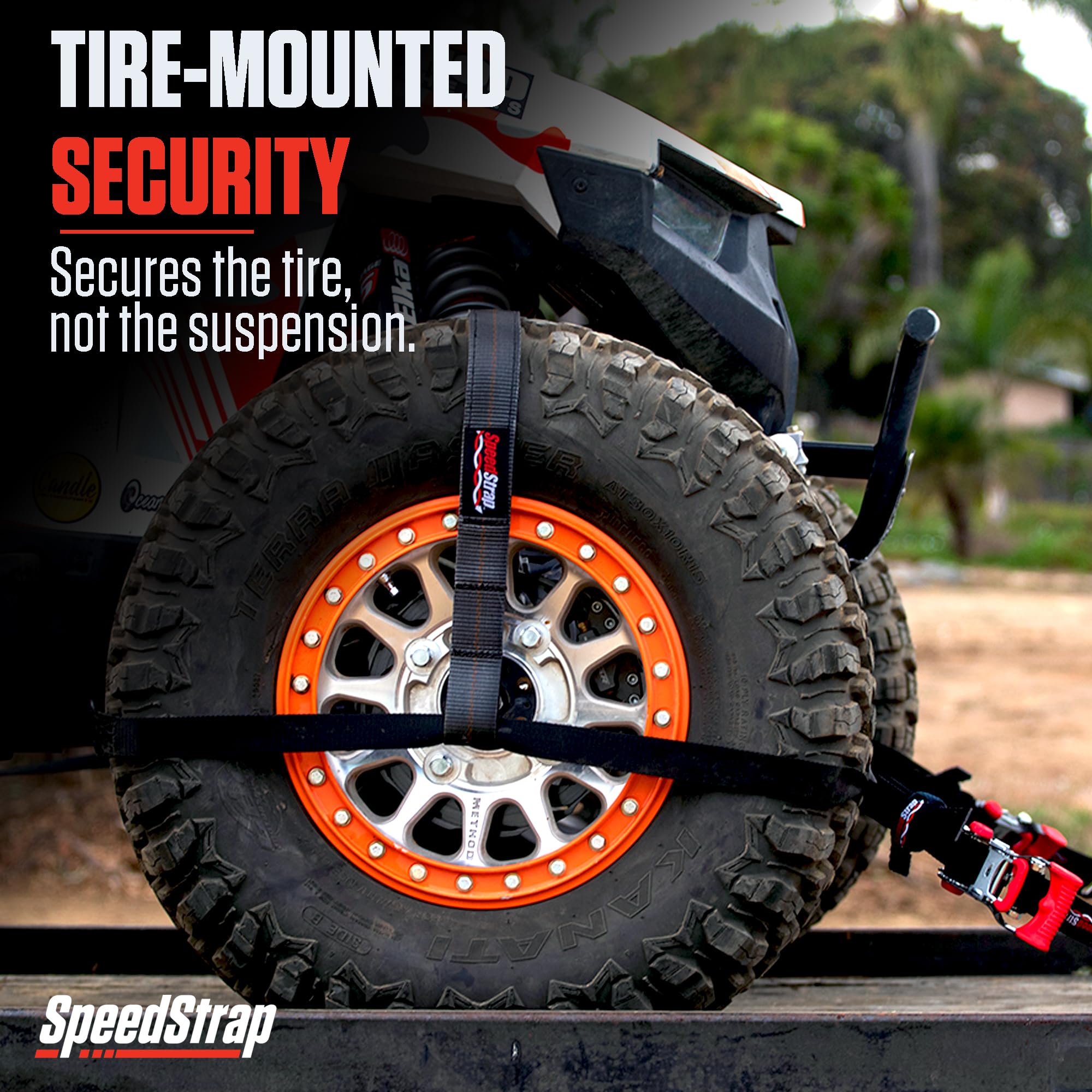 SpeedStrap top strap fitted over tire, shows adjustable 26–36 inch fit