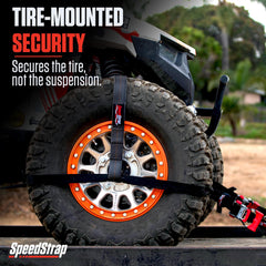 SpeedStrap top strap fitted over tire, shows adjustable 26–36 inch fit