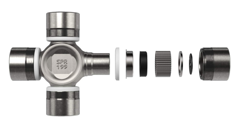 Spicer u-joint installed on a driveshaft showing proper seating to reduce vibration in service