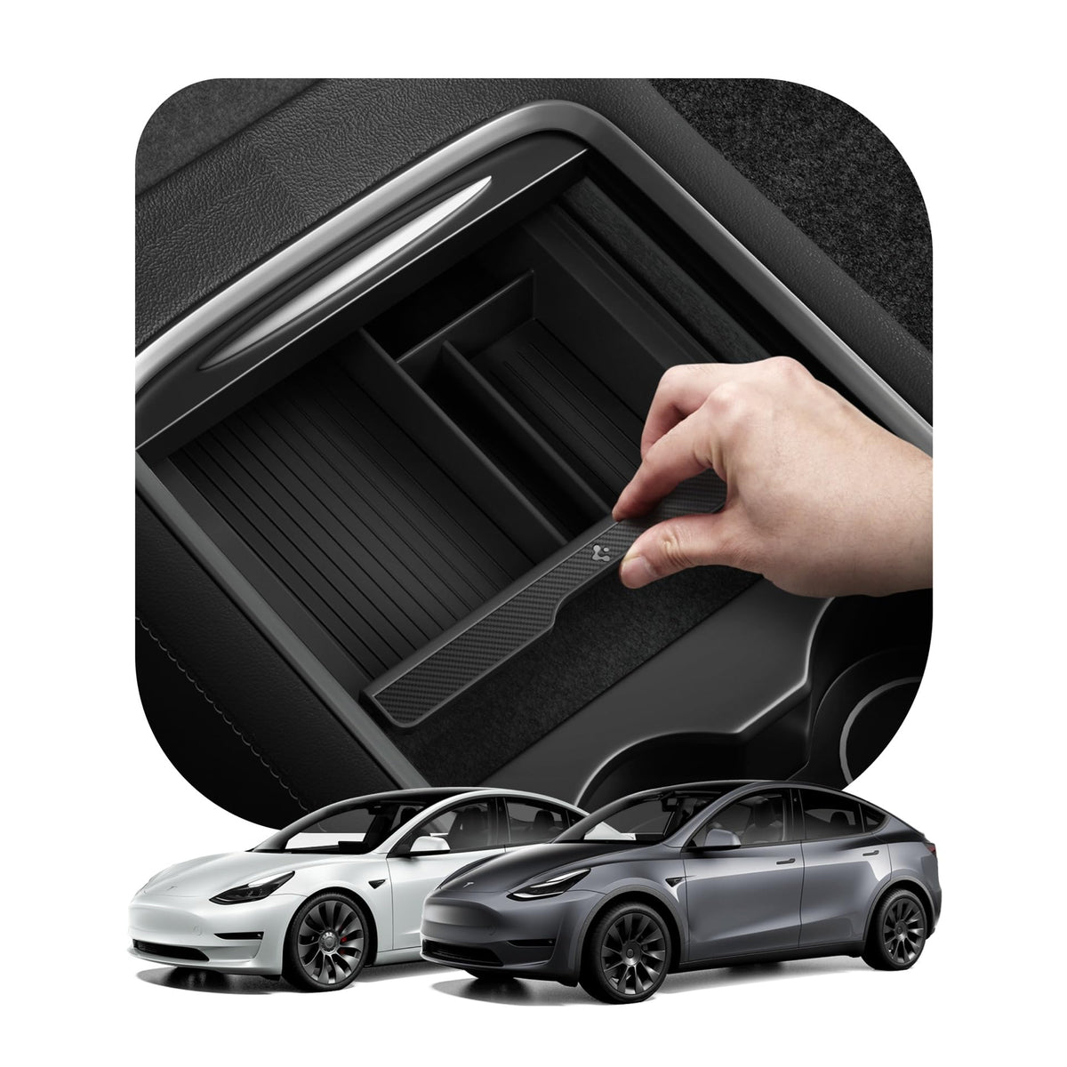 Spigen front-view organizer showing neat console storage and improved access