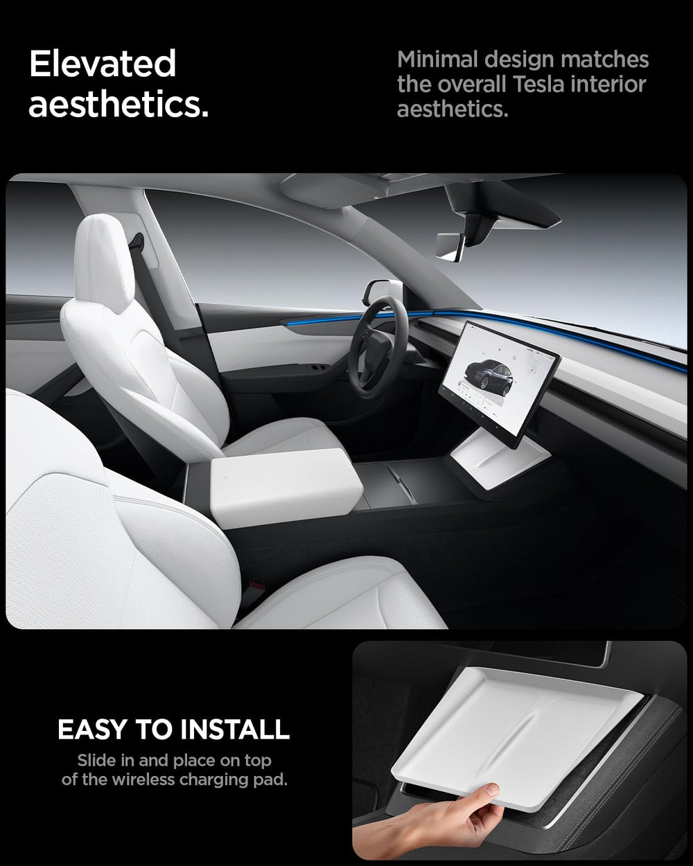 Spigen lifestyle view inside Tesla showing polished interior upgrade benefit