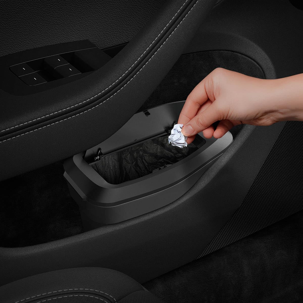 Spigen front view of driver door trash can showing fit and clean profile