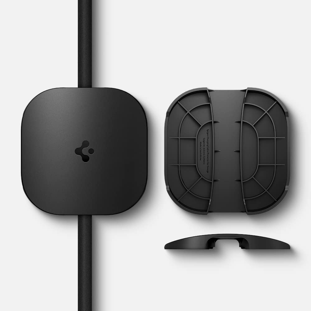 Spigen protector in garage lifestyle scene showing neat cable management benefit