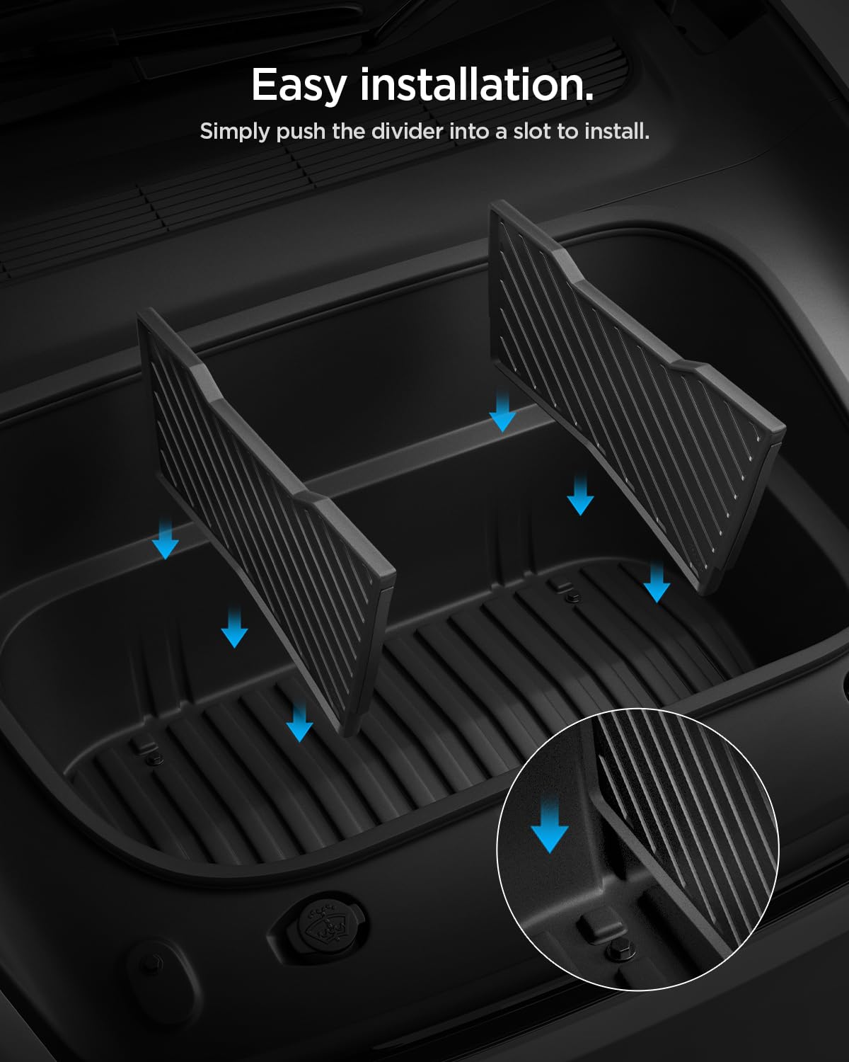 Spigen divider in Tesla frunk at driveway demonstrating everyday usability
