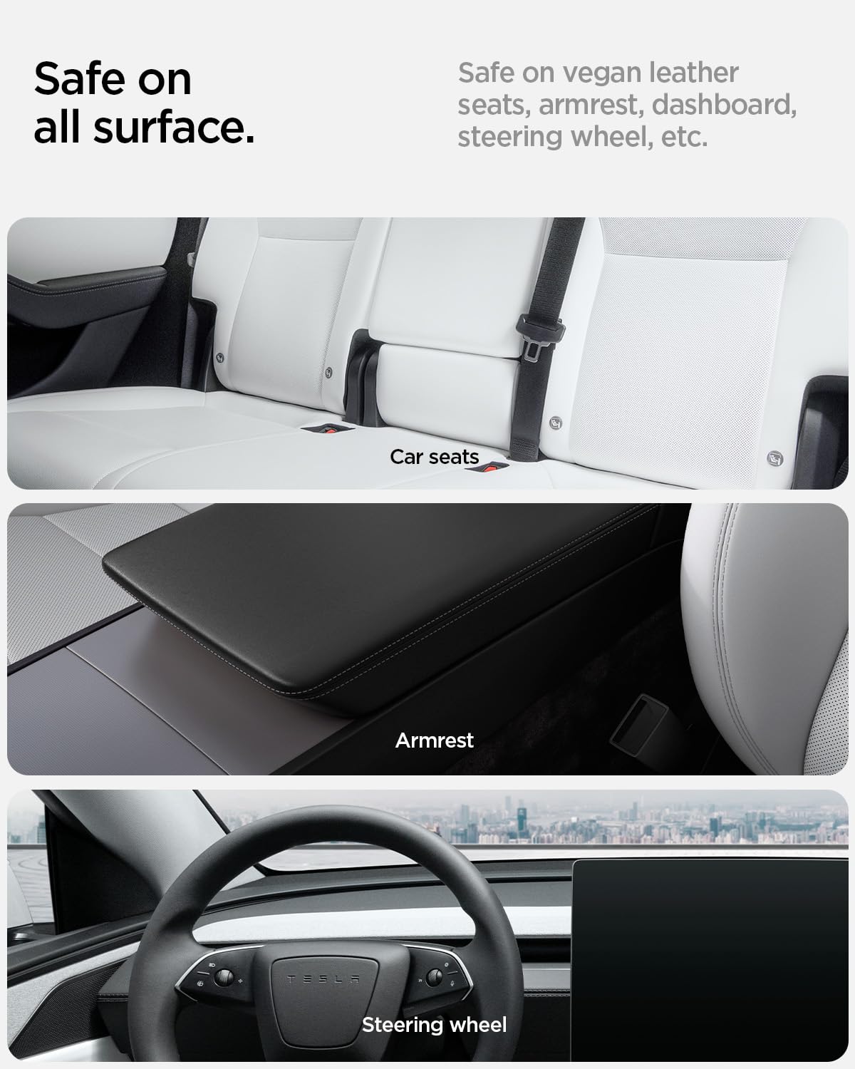 Spigen kit in use on a Tesla seat removing a small spill effectively