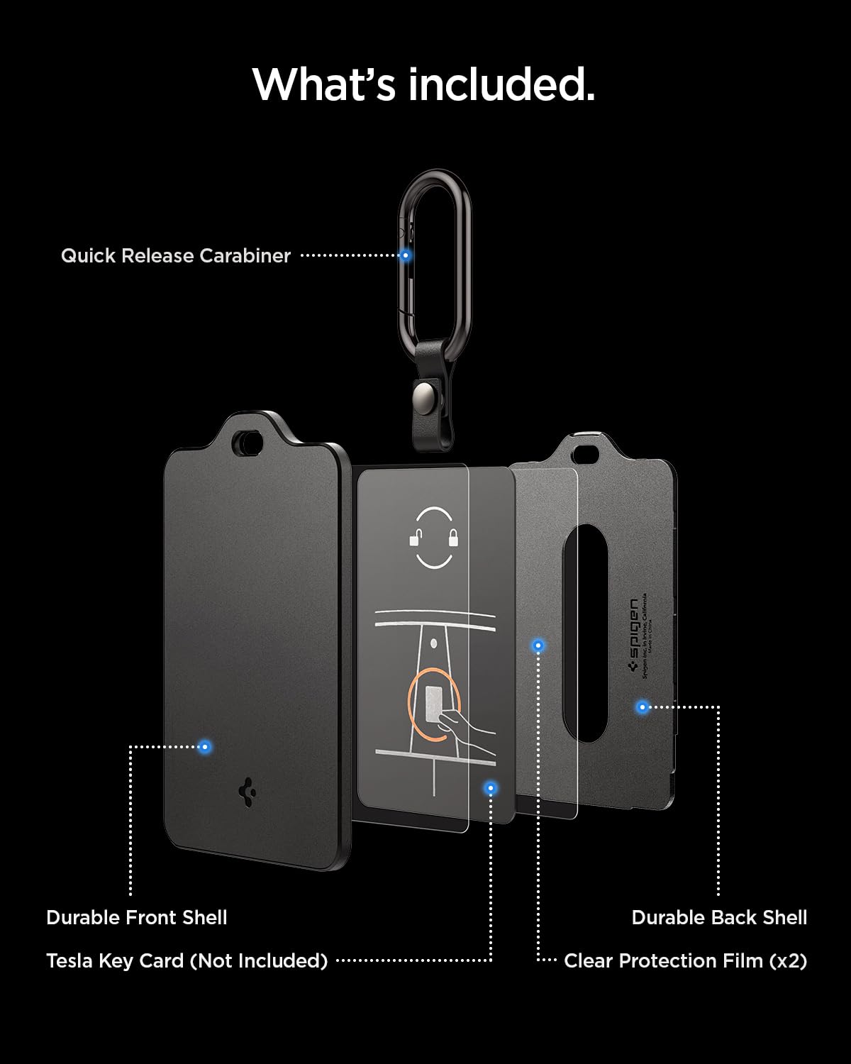 Spigen interior shot with Tesla card showing secure fit and scratch protection benefit