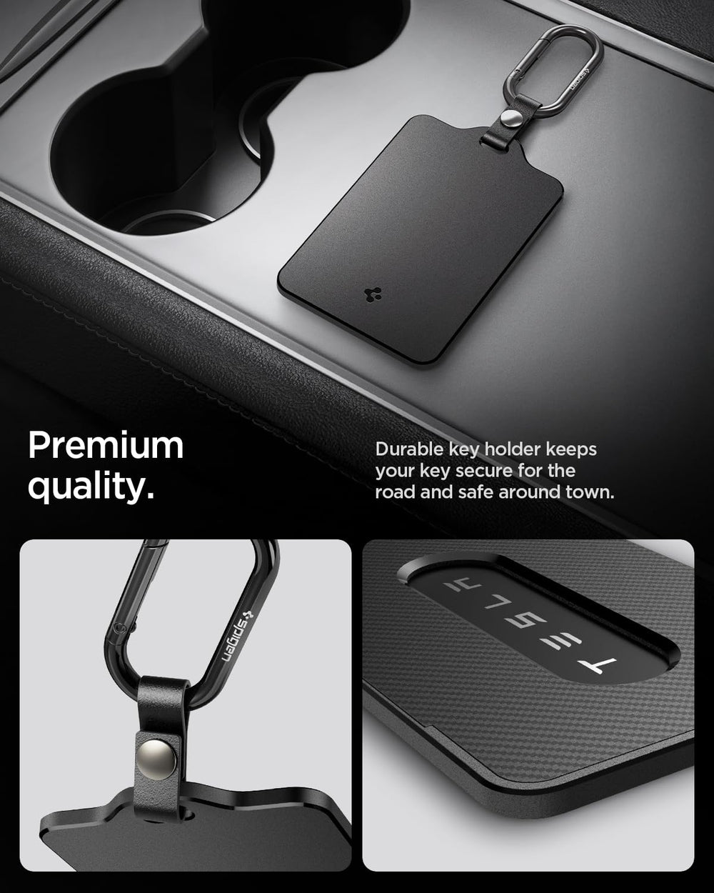 Spigen next to Tesla card showing size comparison and pocket-friendly benefit