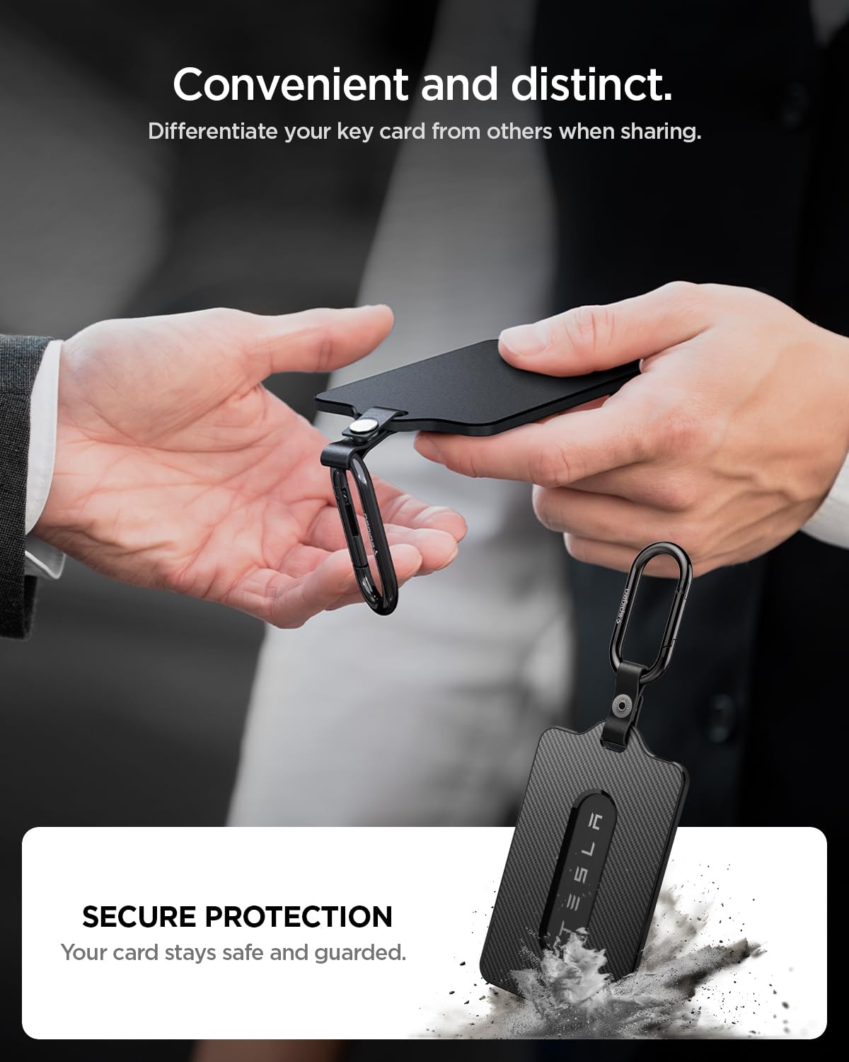 Spigen protective films displayed with holder showing added surface protection benefit