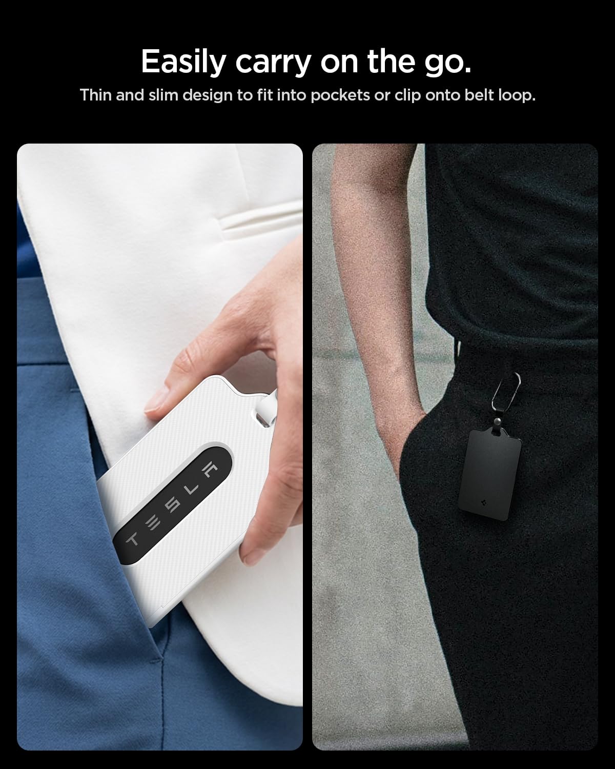 Spigen holder beside a credit card showing compact scale and pocket-friendly benefit
