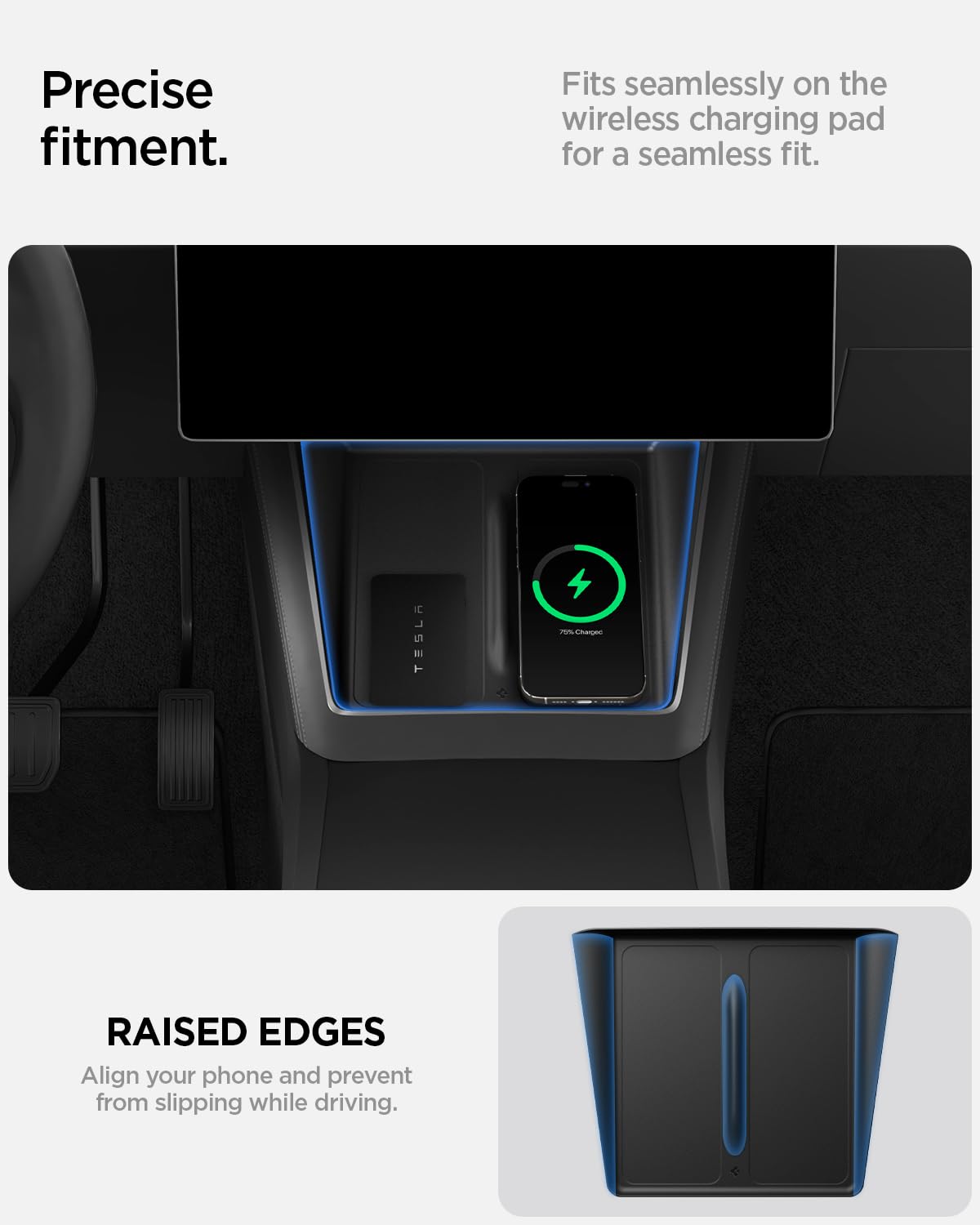 Spigen product label and precise cutouts matching Tesla charging pad layout