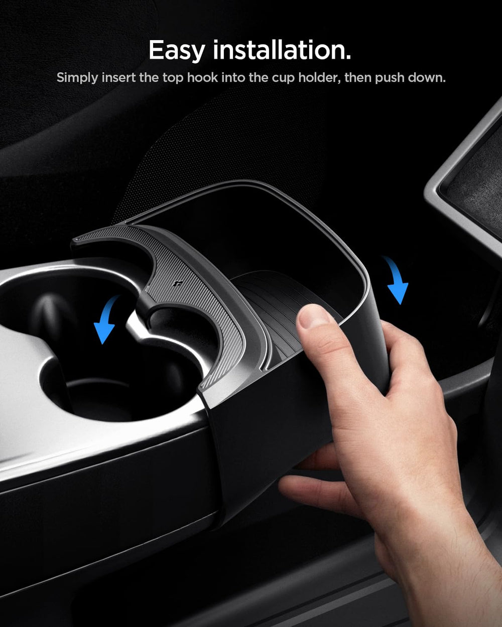 Spigen lifestyle interior shot in Model Y showing tidy cabin benefit