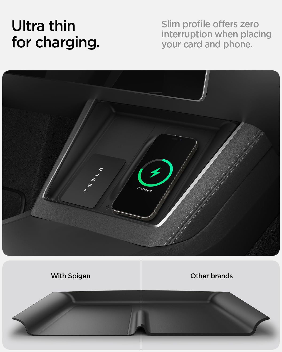 Spigen cover beside a ruler showing slim 0.8mm thickness for uninterrupted charging
