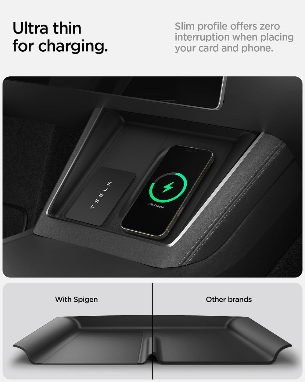 Spigen cover beside a ruler showing slim 0.8mm thickness for uninterrupted charging