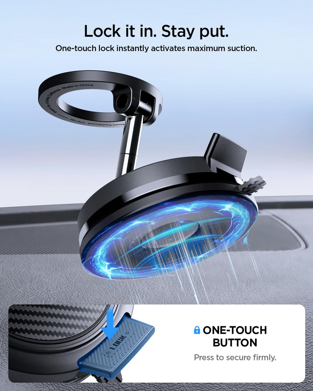 Spigen STIK vacuum lock button close-up showing one-click activation