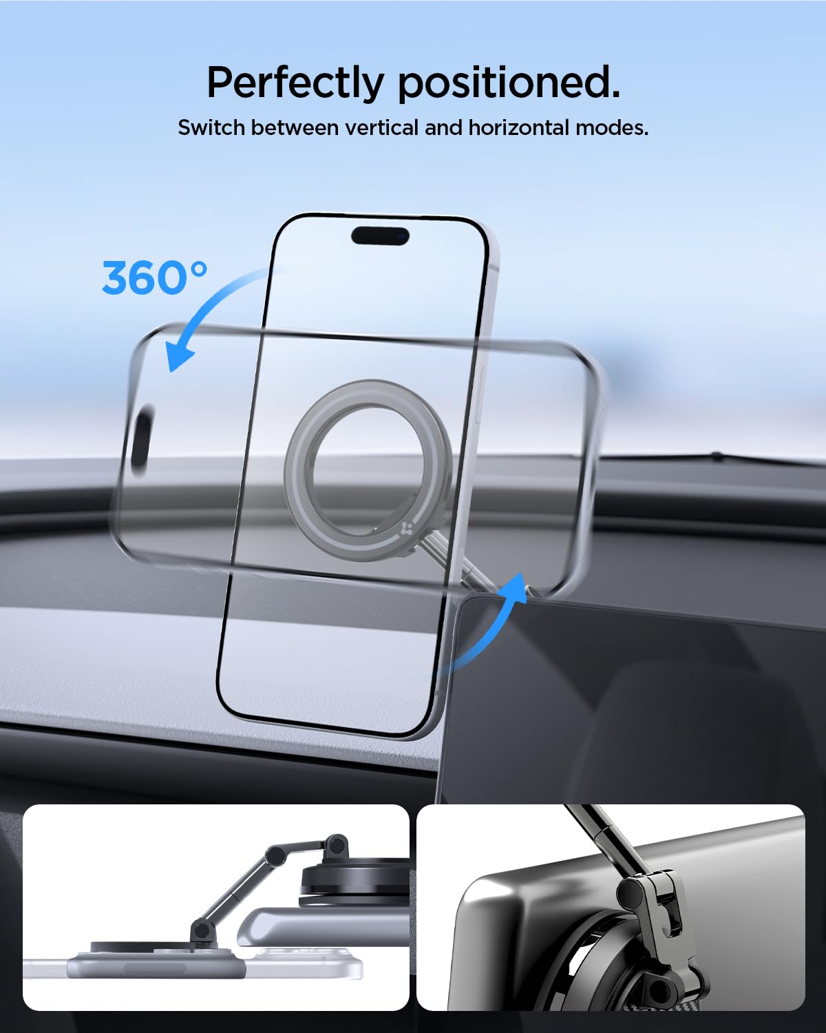 Spigen STIK vacuum lock button detail showing one-click secure attachment