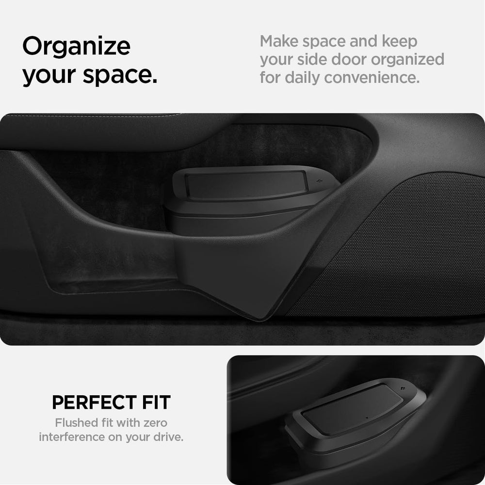 Spigen trash can installed in Model 3 Highland driver door pocket for tidy storage