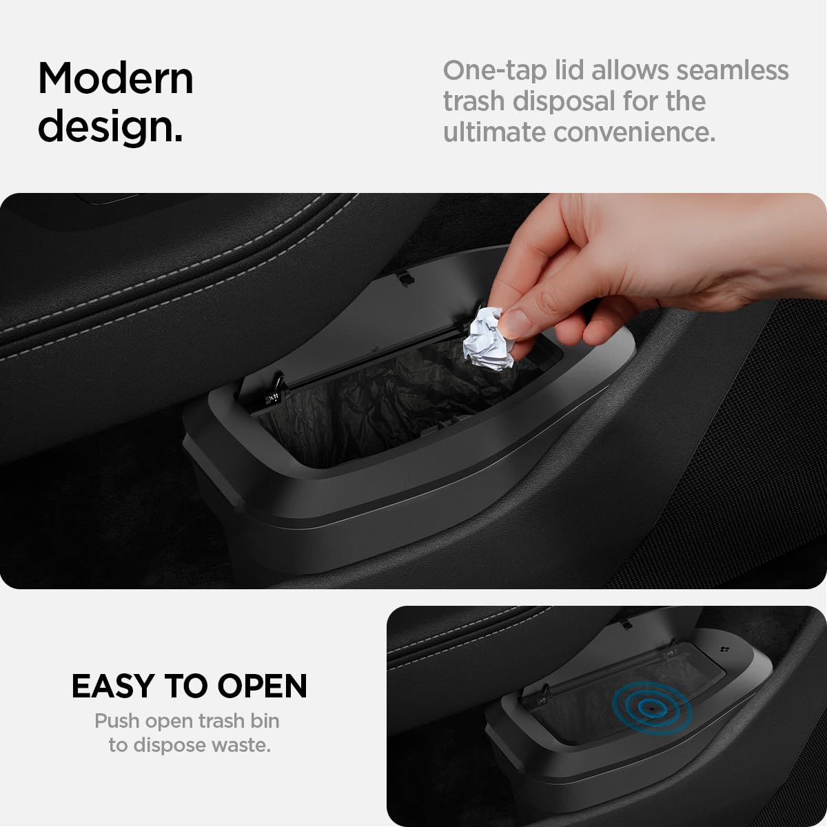 Spigen trash can in Tesla cabin lifestyle shot improving cleanliness and convenience