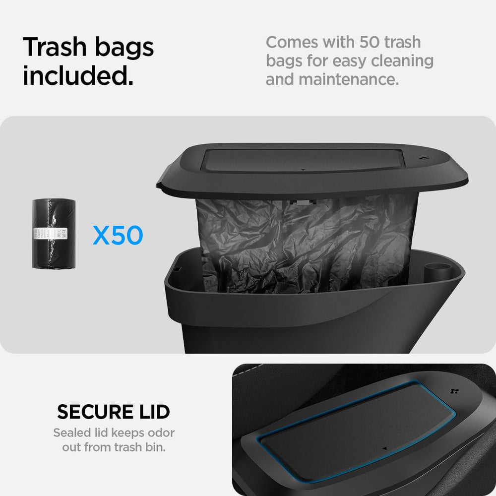 Spigen trash can next to water bottle to show compact scale in Tesla