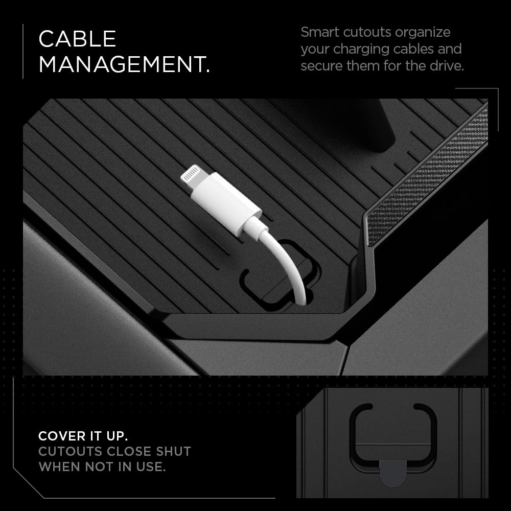 Spigen tray installed inside Tesla Cybertruck console offering clean organized storage