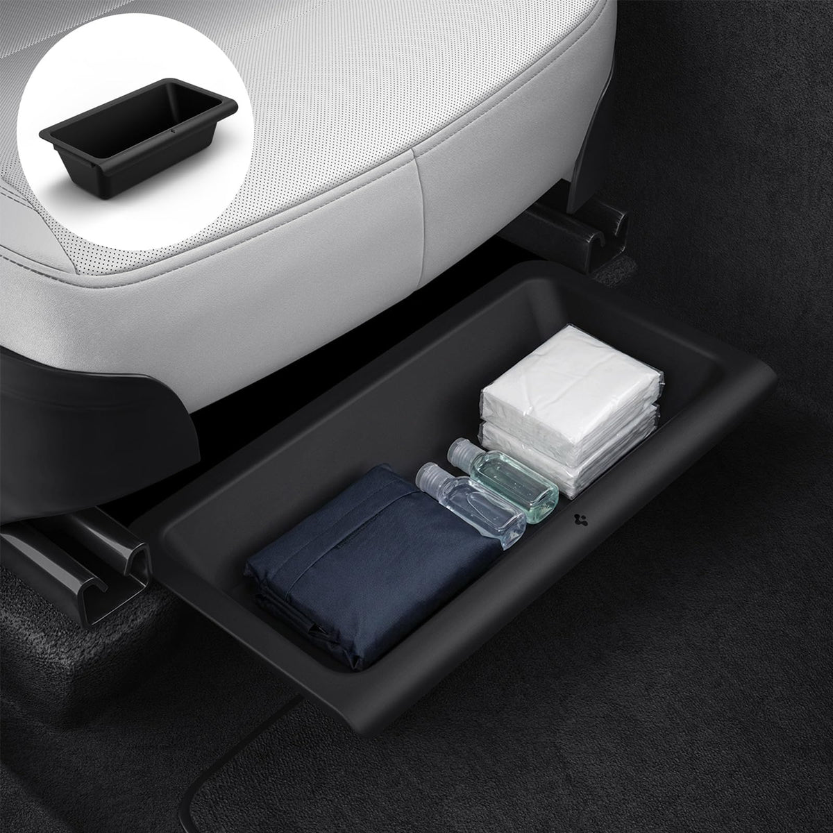 Spigen under seat storage box front view showing neat low-profile fit and added hidden storage